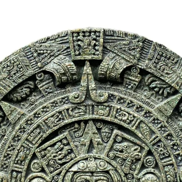 MCM Aztec Sun Stone Calendar-Marked Original Zarebski Crushed Green Stone 11.5"
